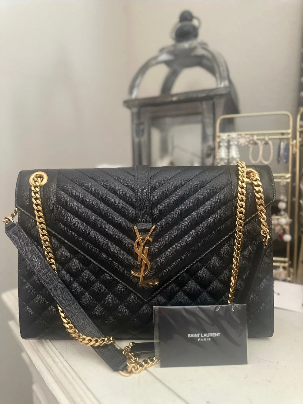 Saint Laurent Black Quilted Envelope Shoulder Bag with Gold YSL Hardware